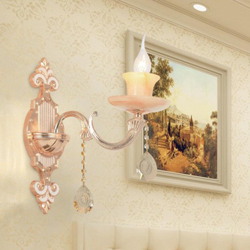 Beige Candle Wall Sconce Light Classic Faux Jade Glass Bedroom Wall Lighting Fixture