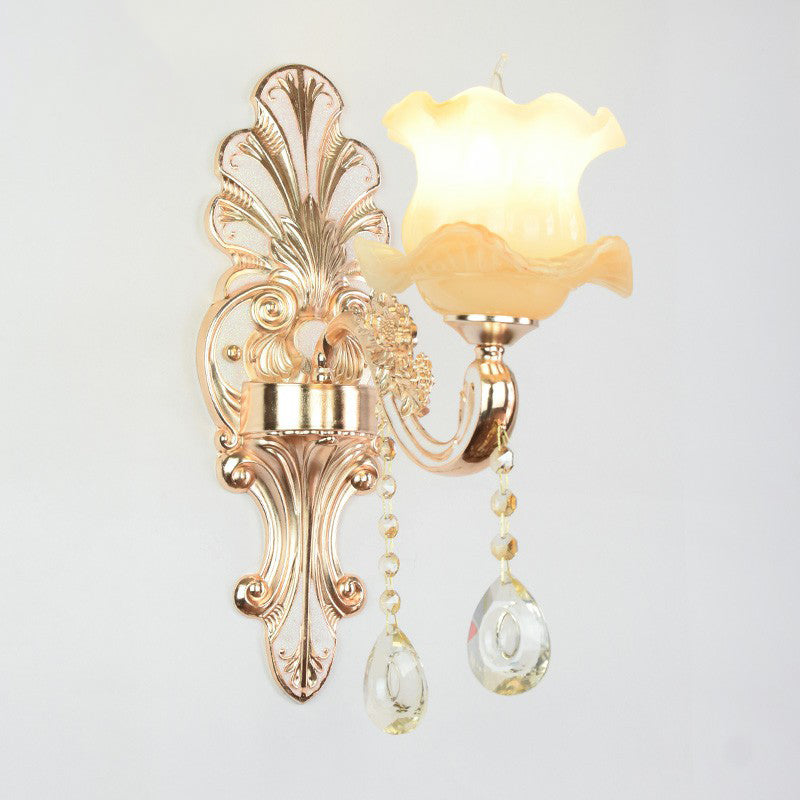 Classic Flower Wall Lamp Faux Jade Frosted Glass Wall Sconce with K9 Crystal Drops in Silver