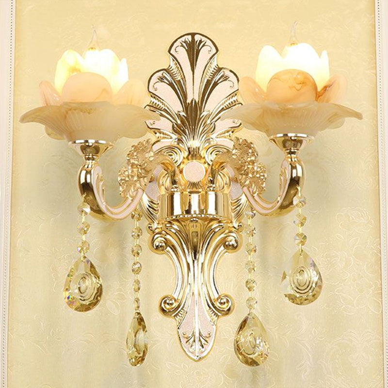 Classic Flower Wall Lamp Faux Jade Frosted Glass Wall Sconce with K9 Crystal Drops in Silver