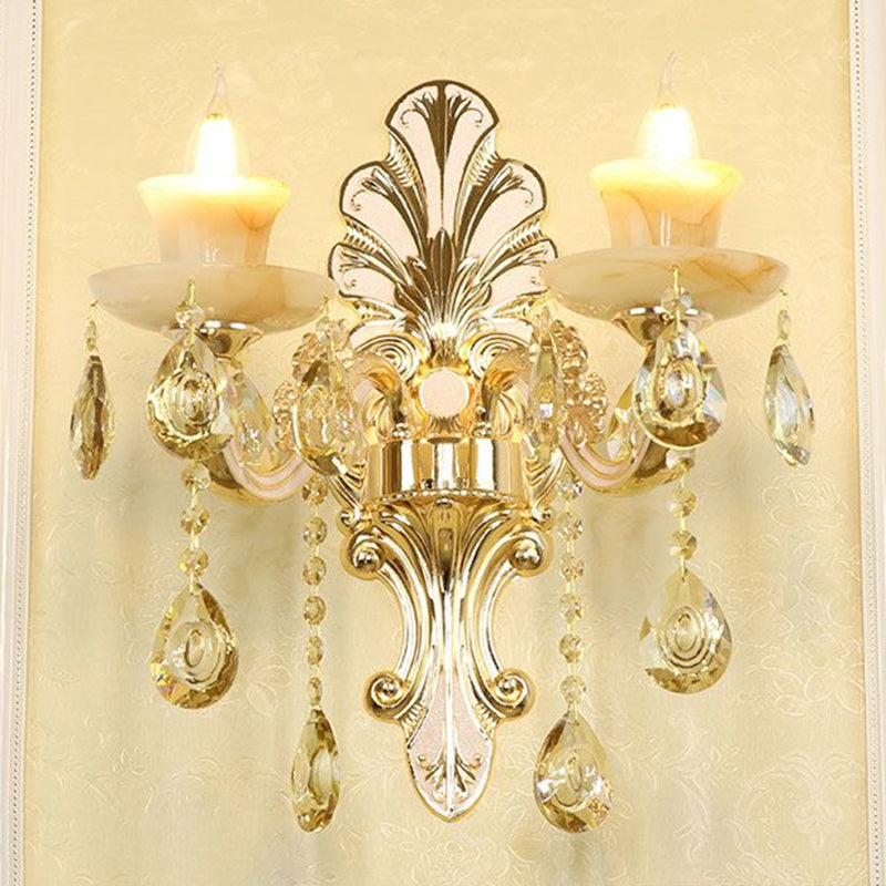 Classic Flower Wall Lamp Faux Jade Frosted Glass Wall Sconce with K9 Crystal Drops in Silver