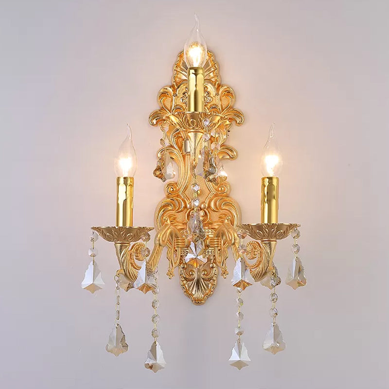 3-Light Candle Wall Sconce Antique Style Metallic Wall Mount Light with Crystal Droplet