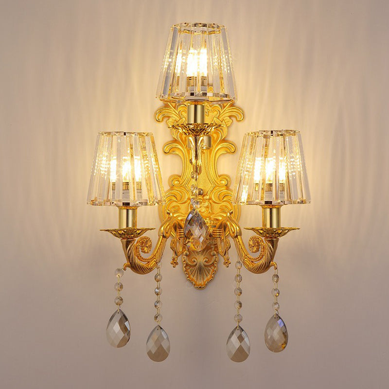 3-Light Candle Wall Sconce Antique Style Metallic Wall Mount Light with Crystal Droplet