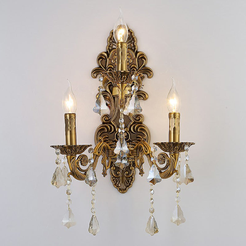 3-Light Candle Wall Sconce Antique Style Metallic Wall Mount Light with Crystal Droplet