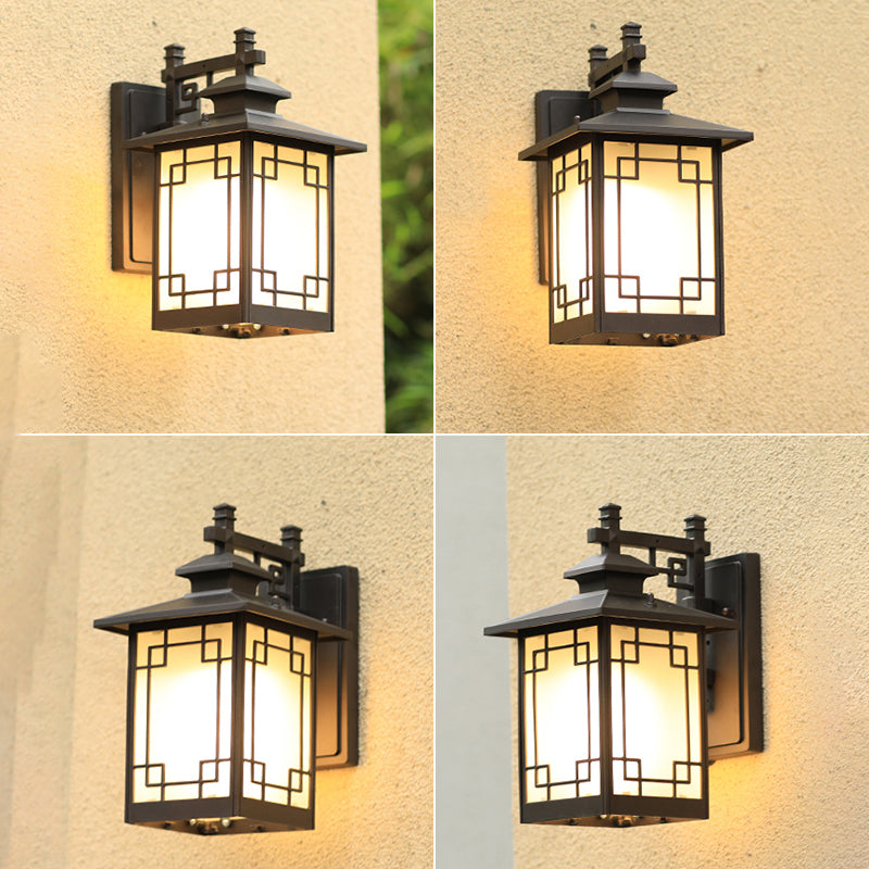 Coffee Finish 1-Bulb Sconce Lamp Traditional Frosted Glass Rectangle Wall Light for Outdoor