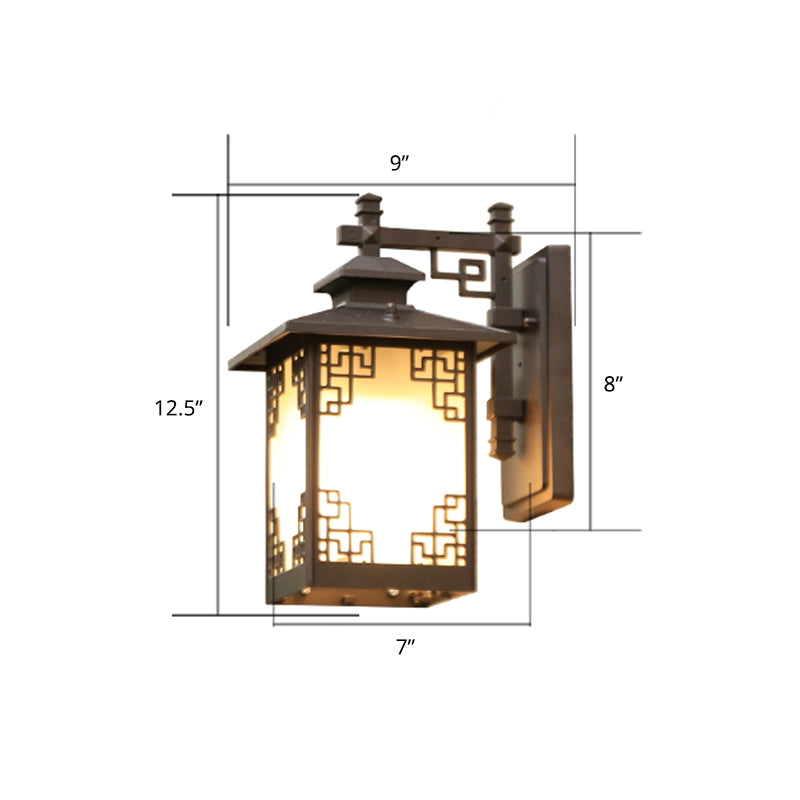 Coffee Finish 1-Bulb Sconce Lamp Traditional Frosted Glass Rectangle Wall Light for Outdoor