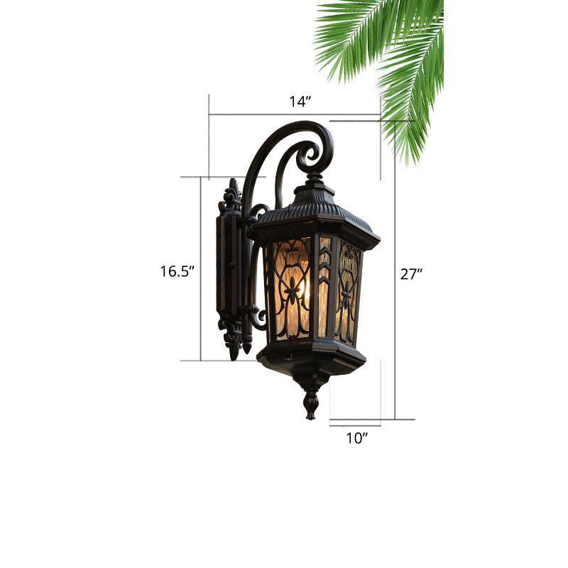 Glass Shaded Lantern Wall Sconce Traditional 1 Head Patio Wall Mount Light Fixture in Black