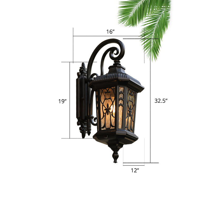 Glass Shaded Lantern Wall Sconce Traditional 1 Head Patio Wall Mount Light Fixture in Black