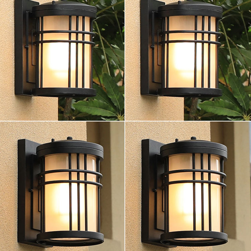 Minimalist Cylindrical Wall Sconce Opal Frosted Glass 1-Bulb Courtyard Wall Lamp in Black