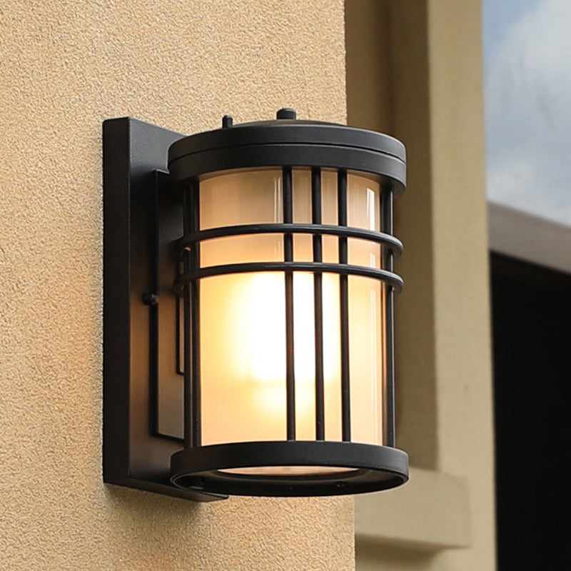 Minimalist Cylindrical Wall Sconce Opal Frosted Glass 1-Bulb Courtyard Wall Lamp in Black