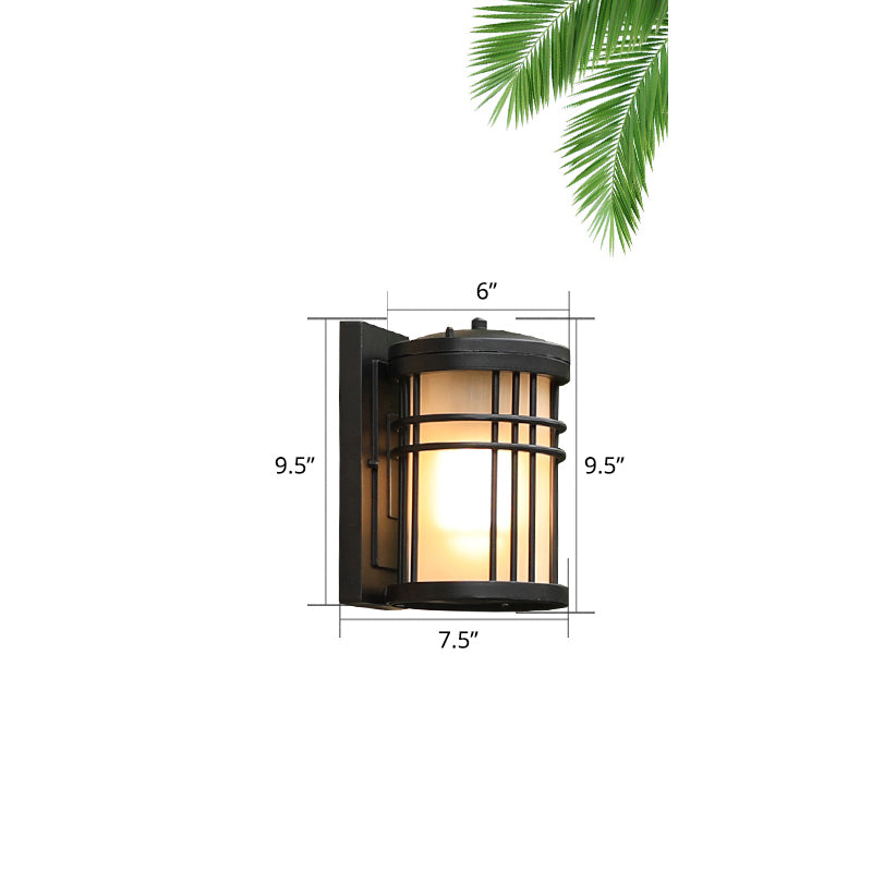 Minimalist Cylindrical Wall Sconce Opal Frosted Glass 1-Bulb Courtyard Wall Lamp in Black