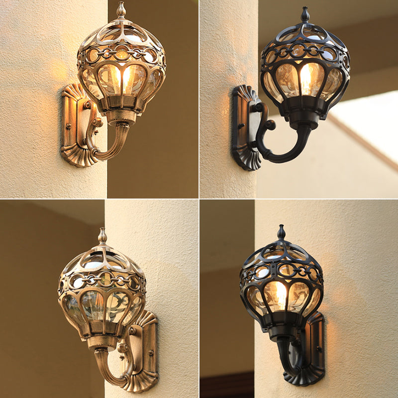 Sphere Outdoor Wall Mount Light Retro Clear Glass 1 Bulb Wall Sconce with Cage Guard