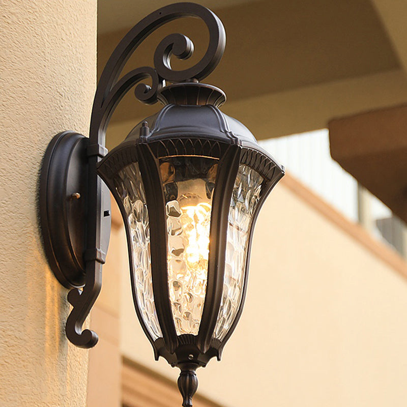 Rippled Glass Black Finish Sconce Bell Shaped 1-Light Vintage Style Wall Mounted Light for Yard