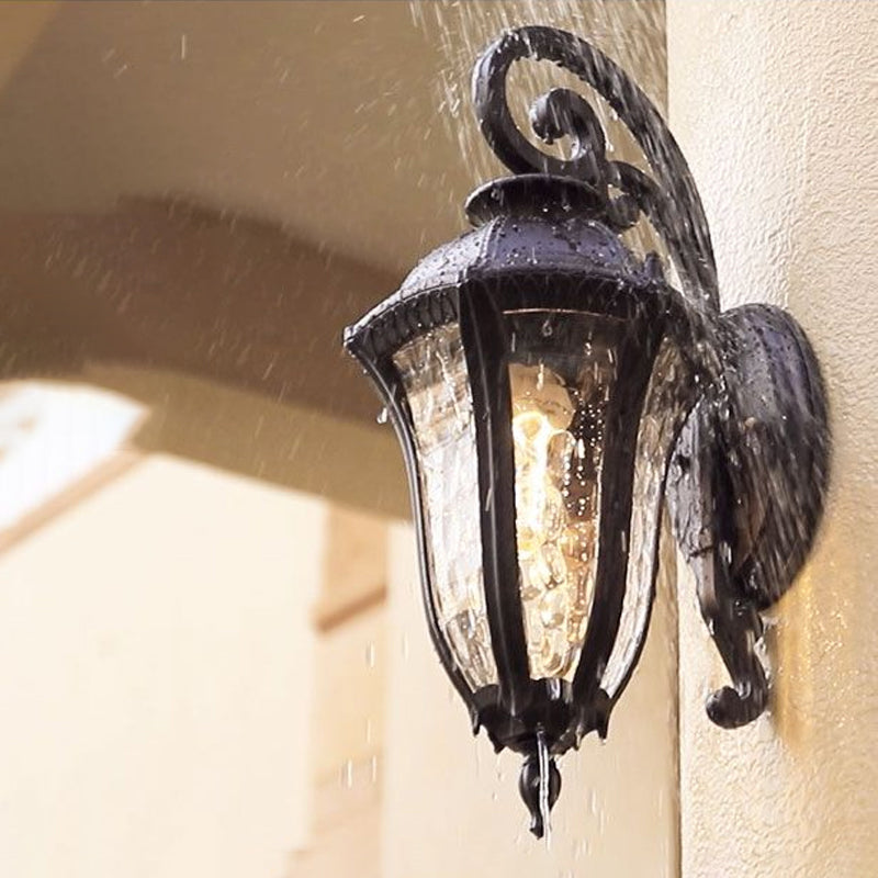 Rippled Glass Black Finish Sconce Bell Shaped 1-Light Vintage Style Wall Mounted Light for Yard