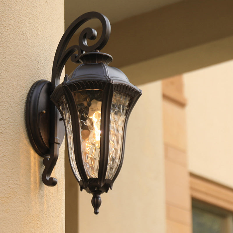 Rippled Glass Black Finish Sconce Bell Shaped 1-Light Vintage Style Wall Mounted Light for Yard