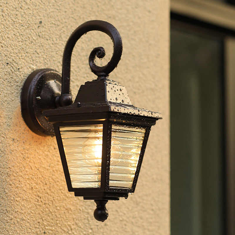 Trapezoid Ribbed Glass Lantern Sconce Minimalist Single Gate Wall Mount Lamp in Black