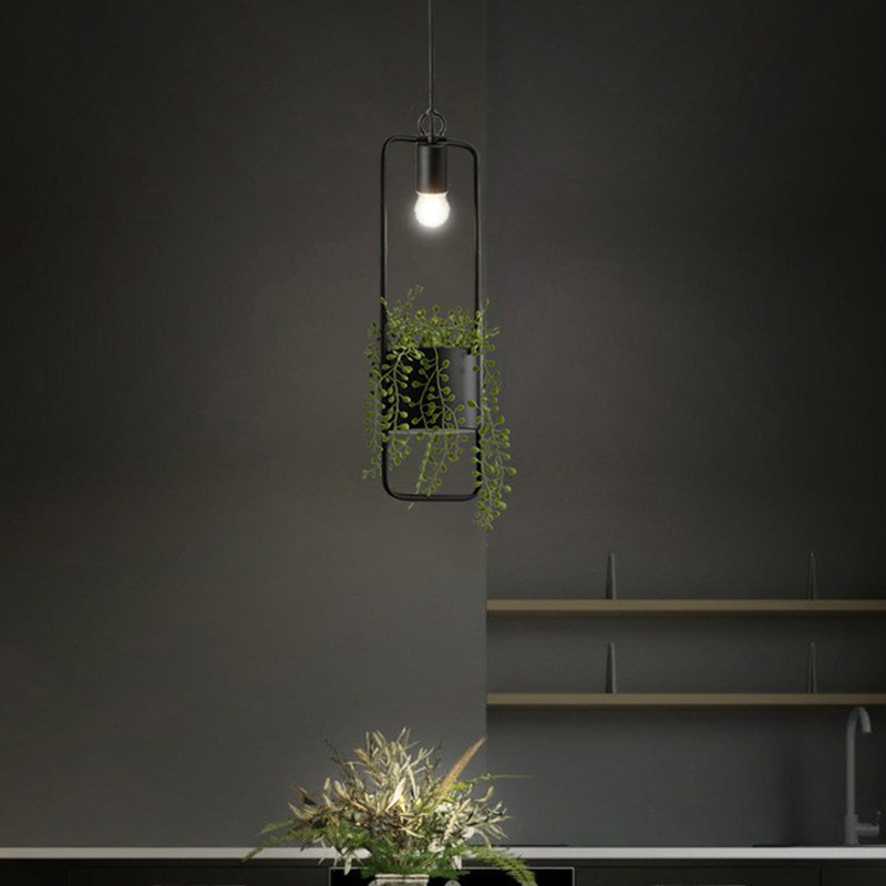 1-Bulb Faux Pot Plant Ceiling Pendant Light Industrial Black Metal Hanging Lamp with Bare Bulb Design
