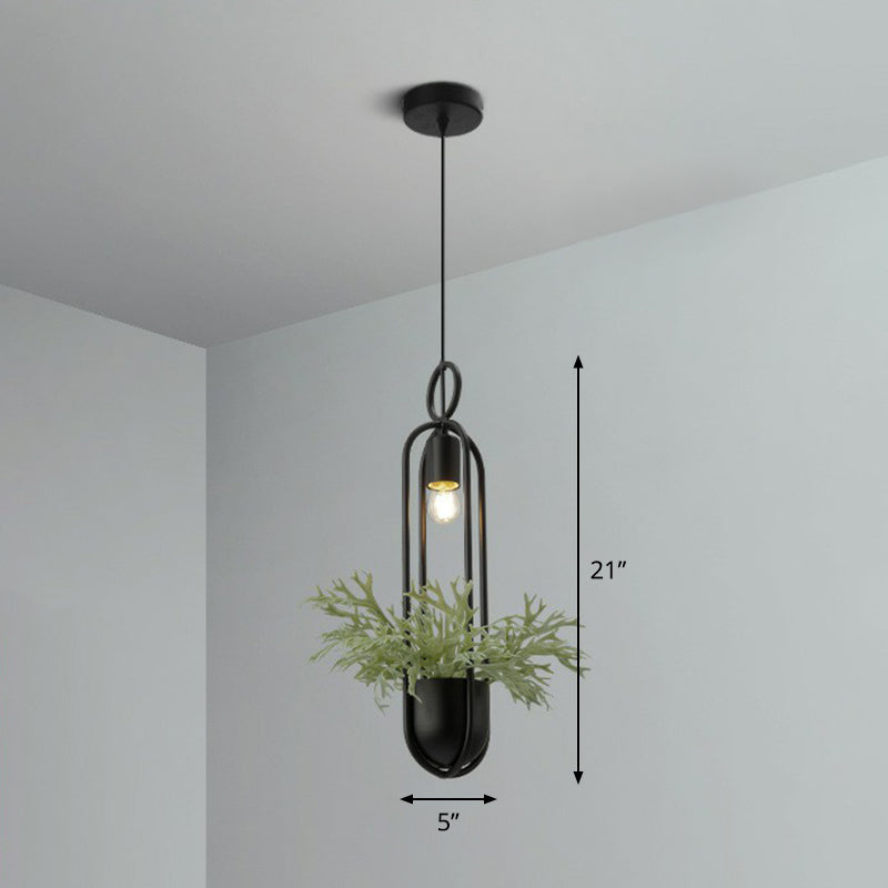 1-Bulb Faux Pot Plant Ceiling Pendant Light Industrial Black Metal Hanging Lamp with Bare Bulb Design