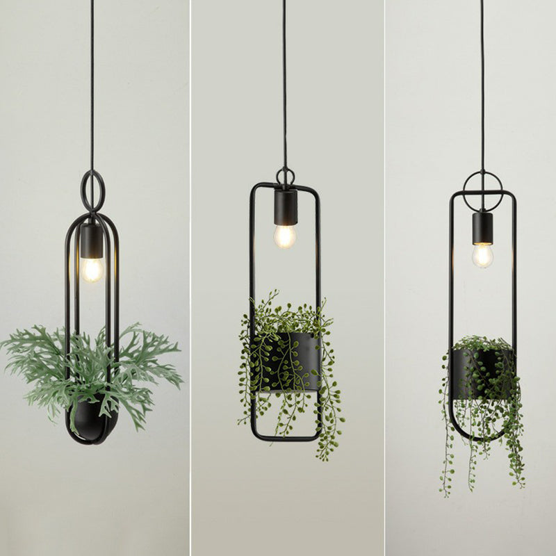 1-Bulb Faux Pot Plant Ceiling Pendant Light Industrial Black Metal Hanging Lamp with Bare Bulb Design