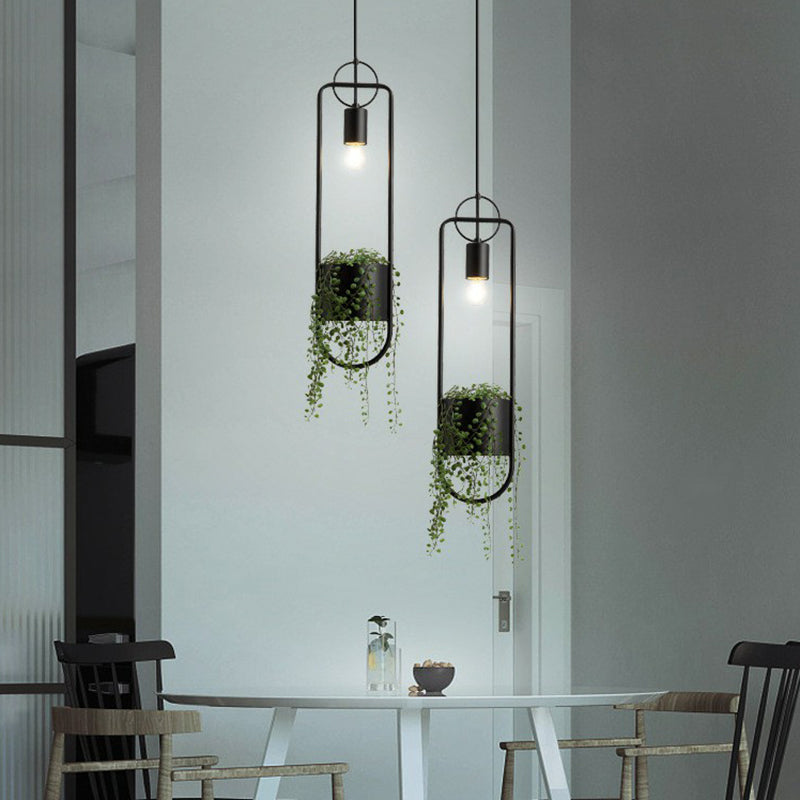 1-Bulb Faux Pot Plant Ceiling Pendant Light Industrial Black Metal Hanging Lamp with Bare Bulb Design