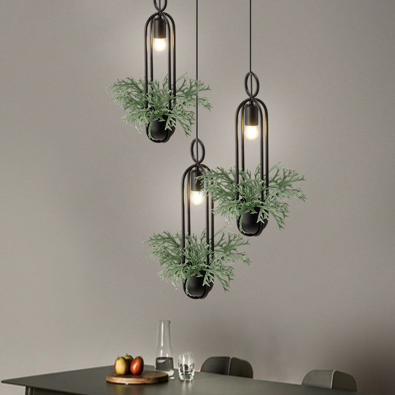 1-Bulb Faux Pot Plant Ceiling Pendant Light Industrial Black Metal Hanging Lamp with Bare Bulb Design