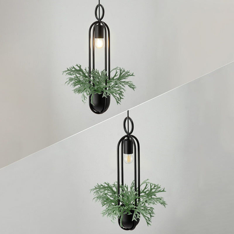 1-Bulb Faux Pot Plant Ceiling Pendant Light Industrial Black Metal Hanging Lamp with Bare Bulb Design