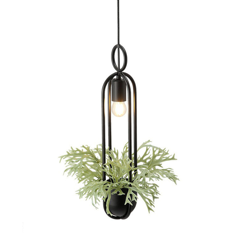 1-Bulb Faux Pot Plant Ceiling Pendant Light Industrial Black Metal Hanging Lamp with Bare Bulb Design