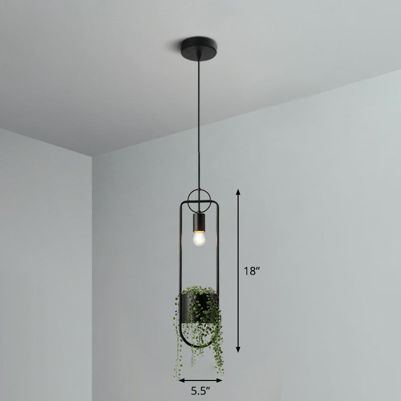 1-Bulb Faux Pot Plant Ceiling Pendant Light Industrial Black Metal Hanging Lamp with Bare Bulb Design