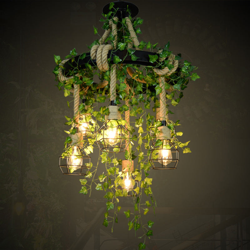 IJzerdraadkooi kroonluchter vintage café hanger licht met henneptouw en nepplant