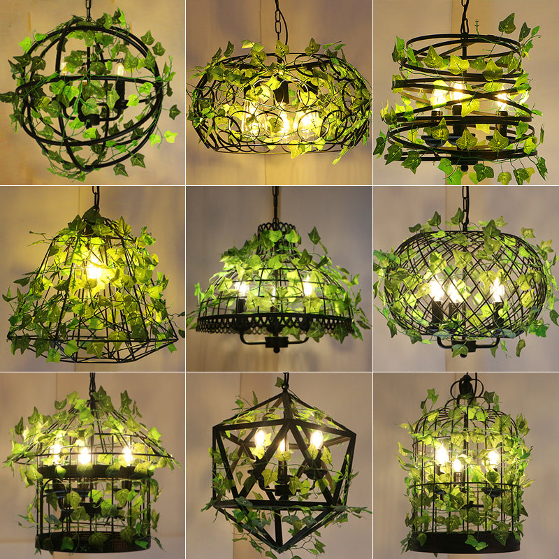 3-Light Iron Ceiling Chandelier Industrial Green Fake Plant and Cage Restaurant Pendant Lamp