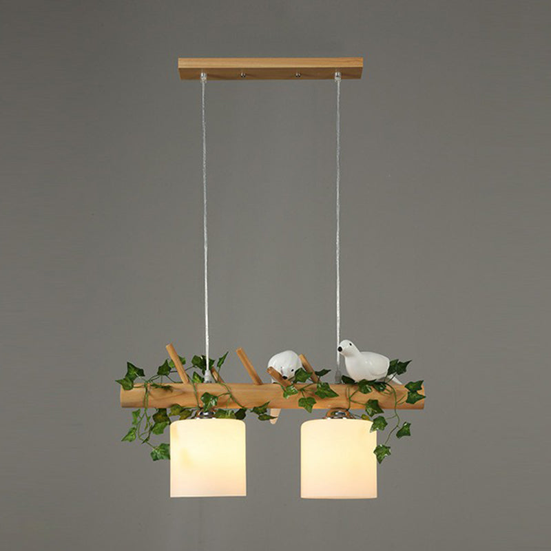 Milk Glass Cylindrical Island Lamp Country Style Restaurant Suspension Light with Resin Bird Deco