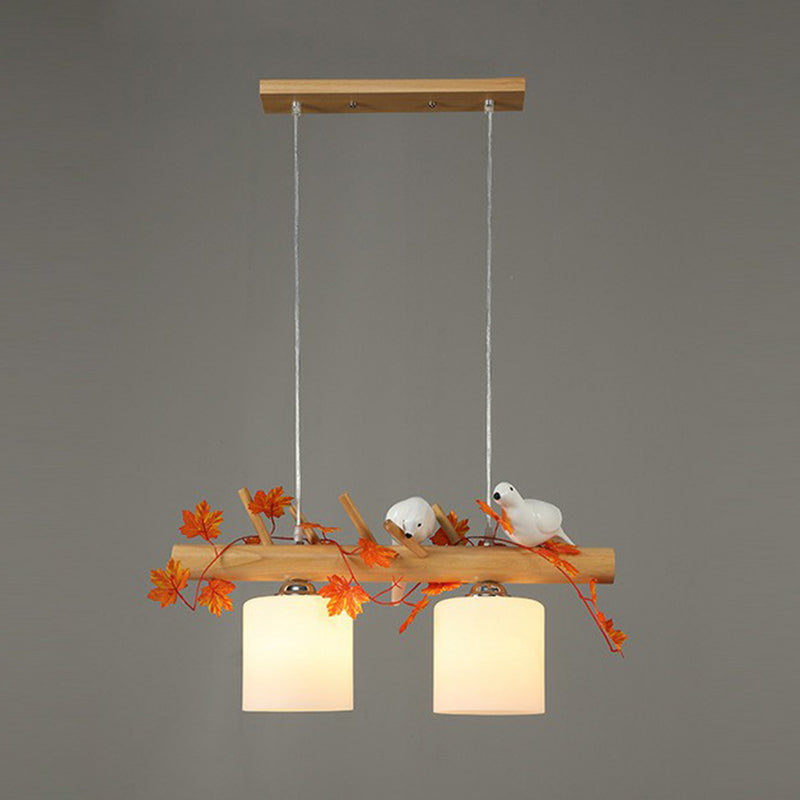 Milk Glass Cylindrical Island Lamp Country Style Restaurant Suspension Light with Resin Bird Deco