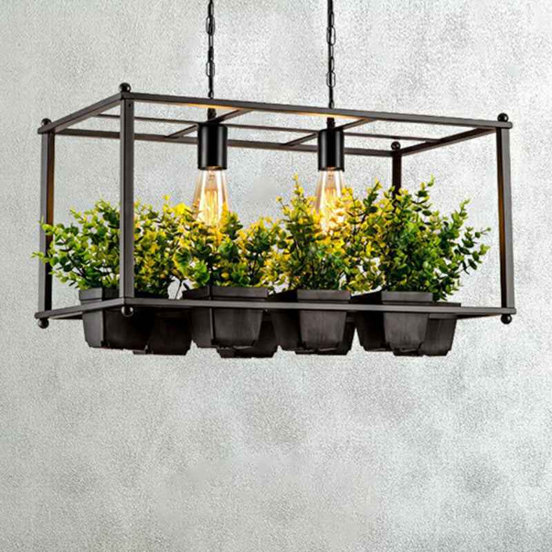 Metal Rectangular Cage Island Light Industrial 2-Bulb Living Room Pendant Light with Fake Plant Pot in Green