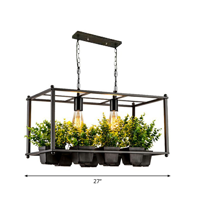 Metal Rectangular Cage Island Light Industrial Industrial 2-Bulb Living Room Pendant Light avec faux pot de plante en vert