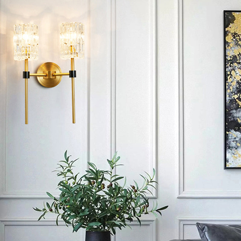 Clear Carved Glass Cylindrical Wall Light Postmodern Gold Finish Wall Sconce for Living Room