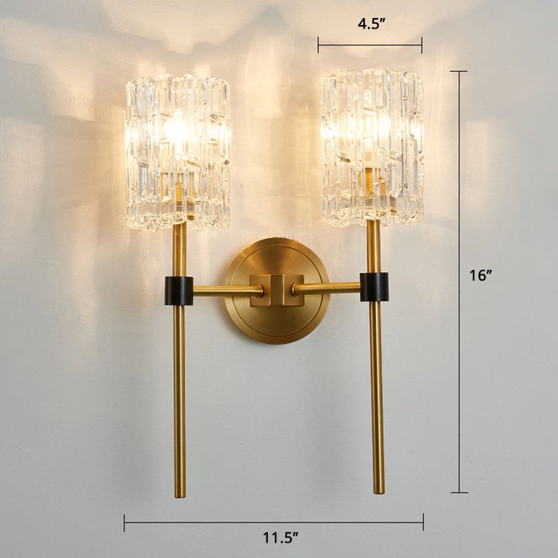 Clear Carved Glass Cylindrical Wall Light Postmodern Gold Finish Wall Sconce for Living Room