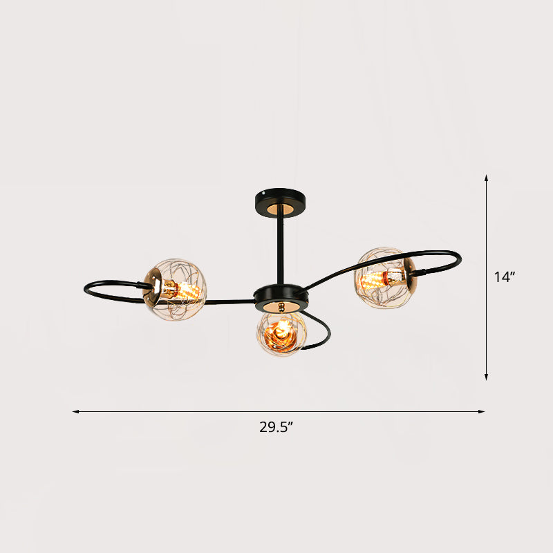 Black Floral Swirl Chandelier Minimalist Clear Ball Glass Pendant Light for Living Room
