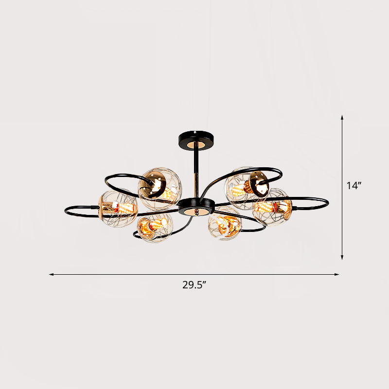 Black Floral Swirl Chandelier Minimalist Clear Ball Glass Pendant Light for Living Room