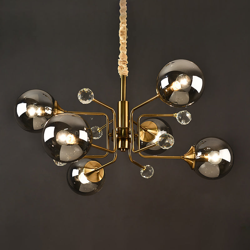 Postmodern Sputnik Ceiling Light Closed Glass Bedroom Hanging Chandelier in Brass