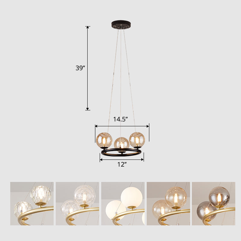 Circular Metal Pendant Chandelier Postmodern Suspension Light Fixture with Ball Glass Shade