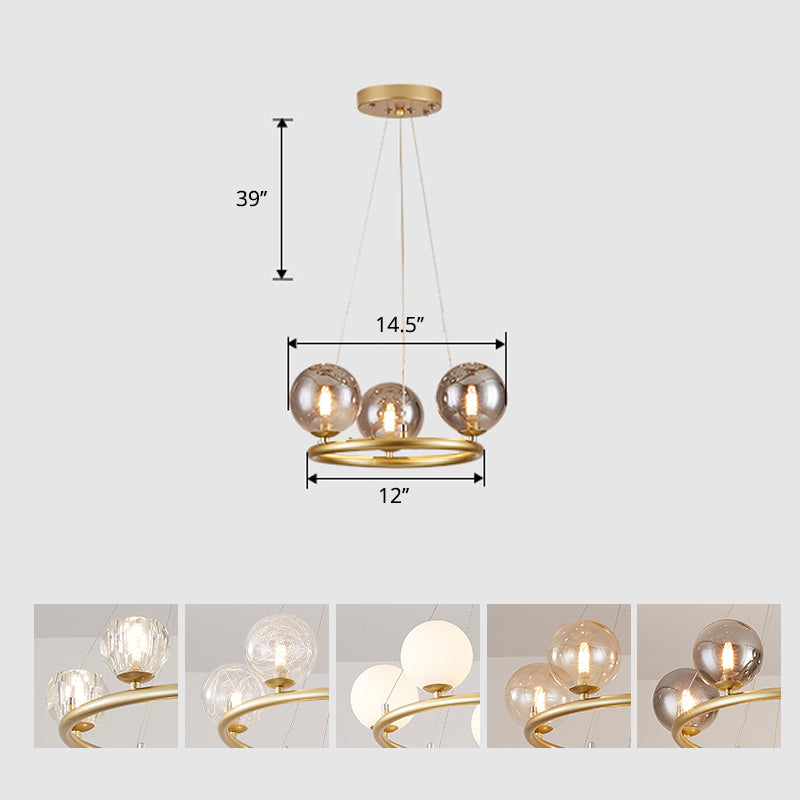 Circular Metal Pendant Chandelier Postmodern Suspension Light Fixture with Ball Glass Shade