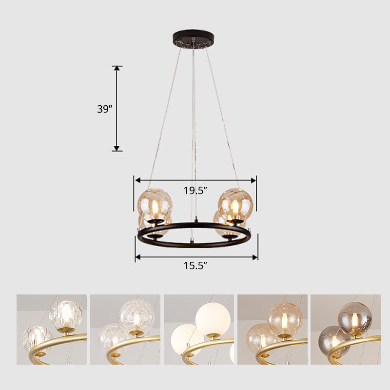 Circular Metal Pendant Chandelier Postmodern Suspension Light Fixture with Ball Glass Shade