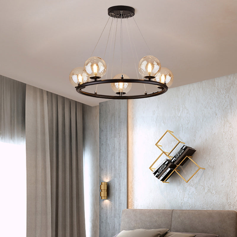 Circular Metal Pendant Chandelier Postmodern Suspension Light Fixture with Ball Glass Shade
