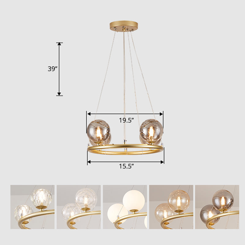 Circular Metal Pendant Chandelier Postmodern Suspension Light Fixture with Ball Glass Shade