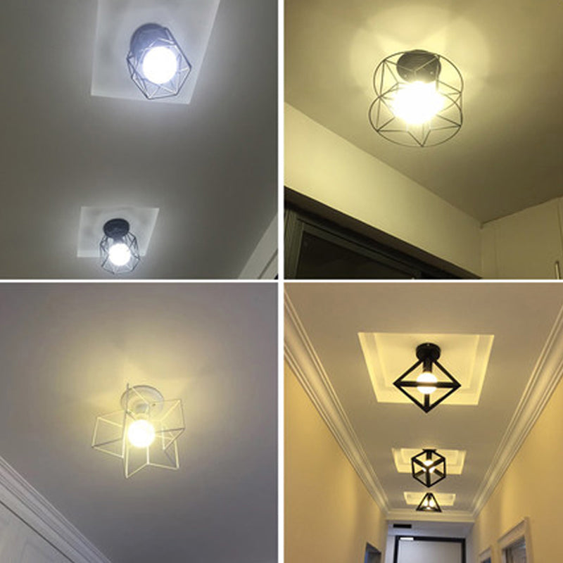 Black Caged Semi Flush Ceiling Light Industrial Iron 1-Light Corridor Flush Mount Light