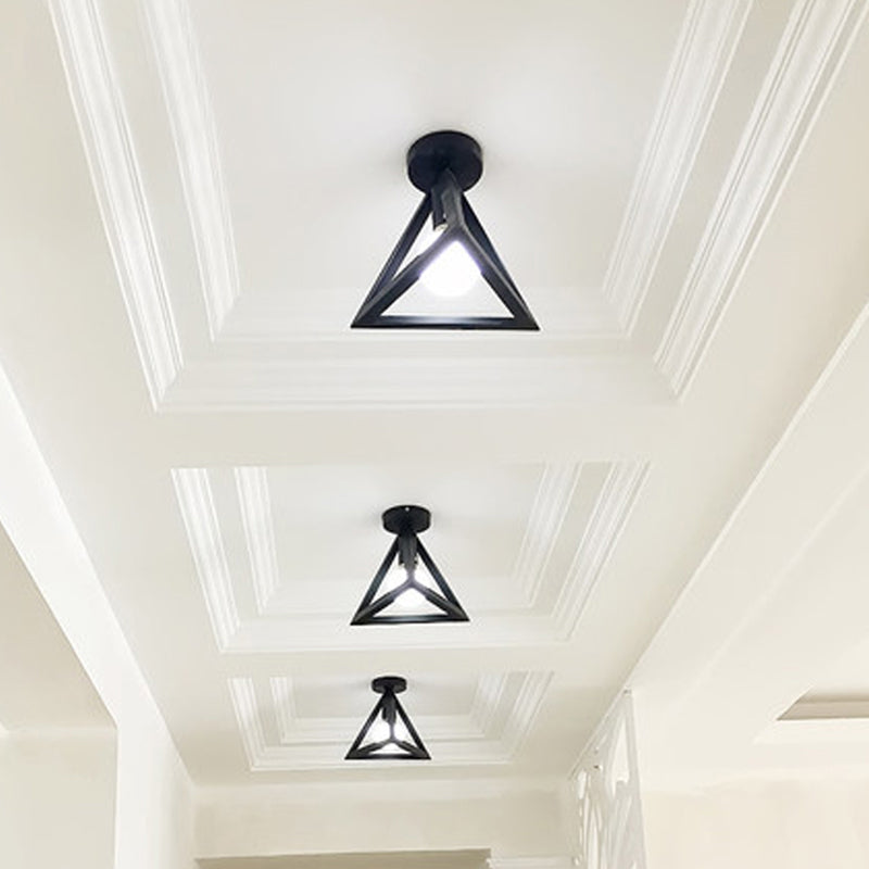 Black Caged Semi Flush Ceiling Light Industrial Iron 1-Light Corridor Flush Mount Light