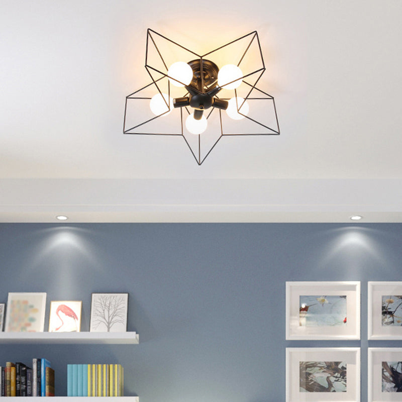 Black Caged Semi Flush Ceiling Light Industrial Iron 1-Light Corridor Flush Mount Light