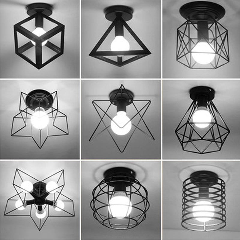 Black Caged Semi Flush Ceiling Light Industrial Iron 1-Light Corridor Flush Mount Light