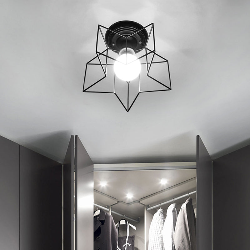 Black Caged Semi Flush Ceiling Light Industrial Iron 1-Light Corridor Flush Mount Light