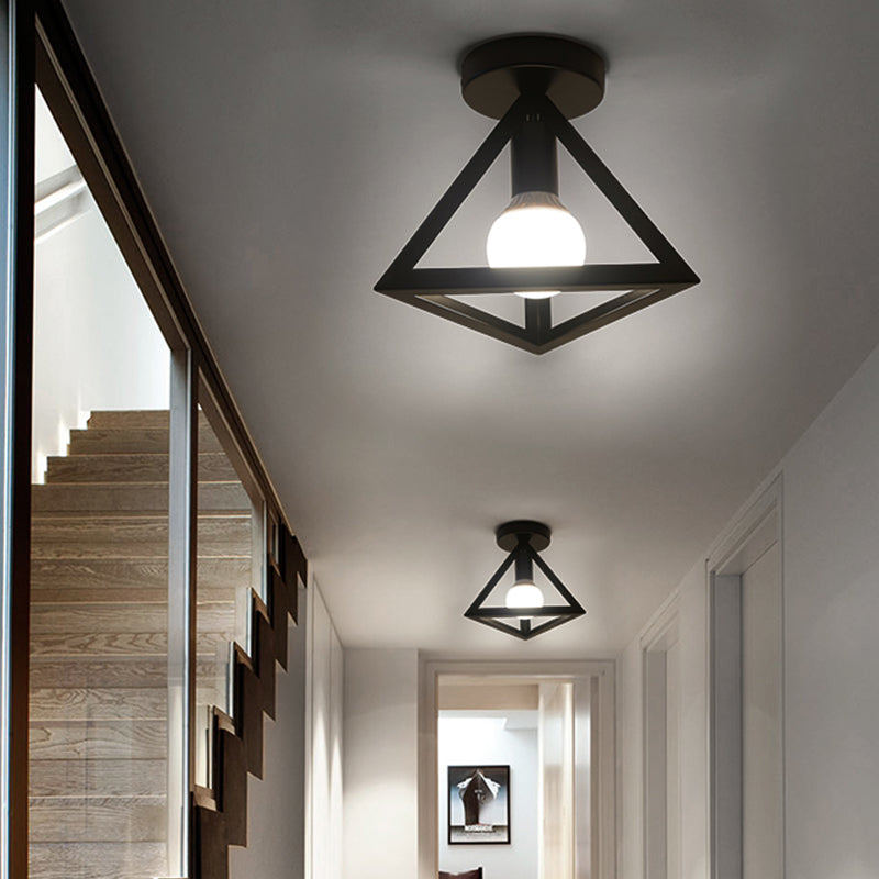 Black Caged Semi Flush Ceiling Light Industrial Iron 1-Light Corridor Flush Mount Light