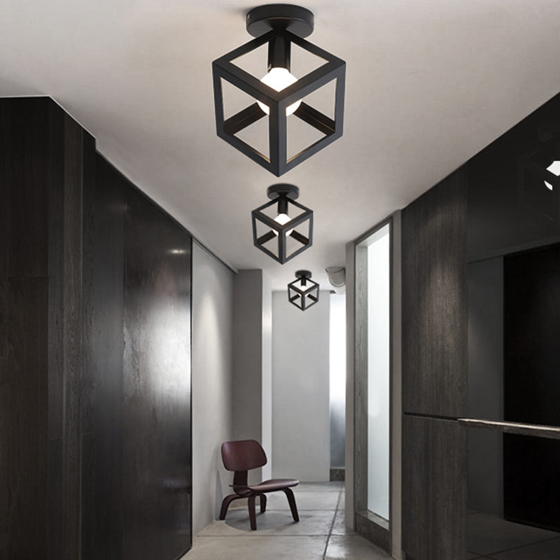 Black Caged Semi Flush Ceiling Light Industrial Iron 1-Light Corridor Flush Mount Light